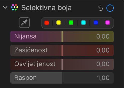 Kontrole Selektivna boja u prozoru Prilagodi s prikazom opcija Nijansa, Zasićenost, Osvijetljenost i Raspon.