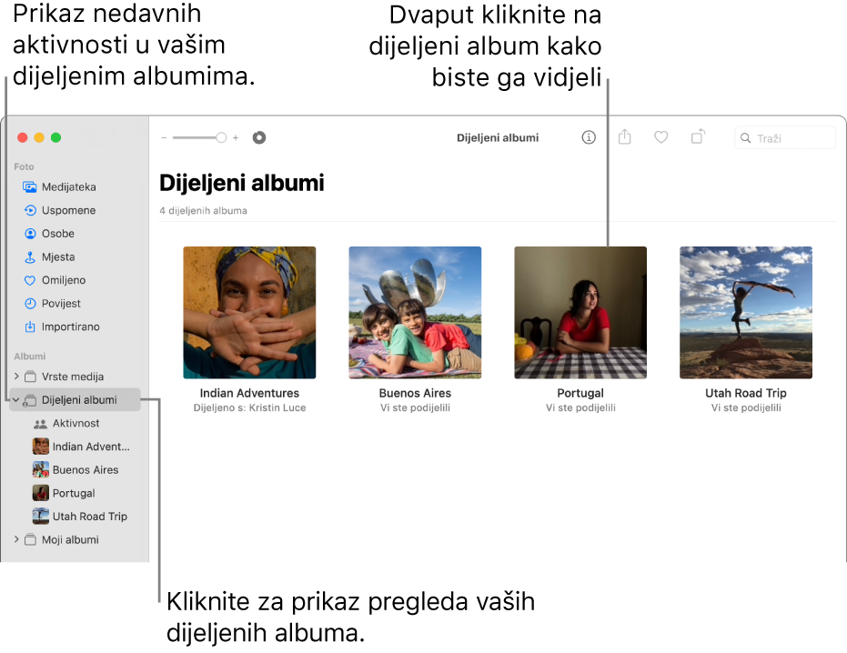 Prozor aplikacije Foto s prikazom Dijeljenih albuma odabranih u rubnom stupcu i dijeljenih albuma koji se prikazuju s desne strane.