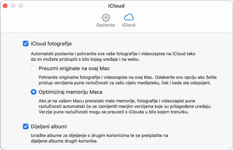 Prozor iCloud za postavke aplikacije Foto.