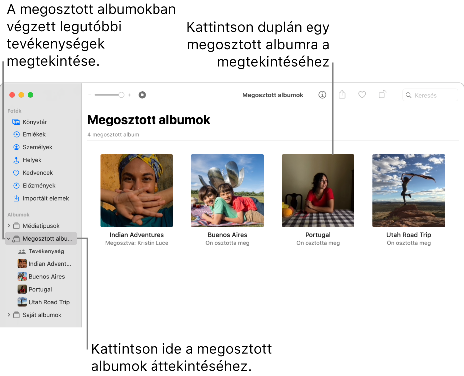 A Fotók ablaka az oldalsávon a kiválasztott Megosztott albumok elemmel, a jobb oldalon megosztott albumok látható.