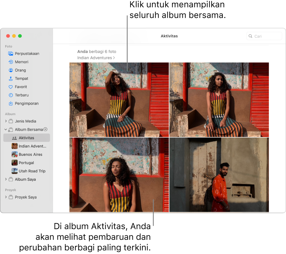 Jendela Foto dengan Aktivitas yang dipilih di bar samping dan album Aktivitas ditampilkan di sebelah kanan.