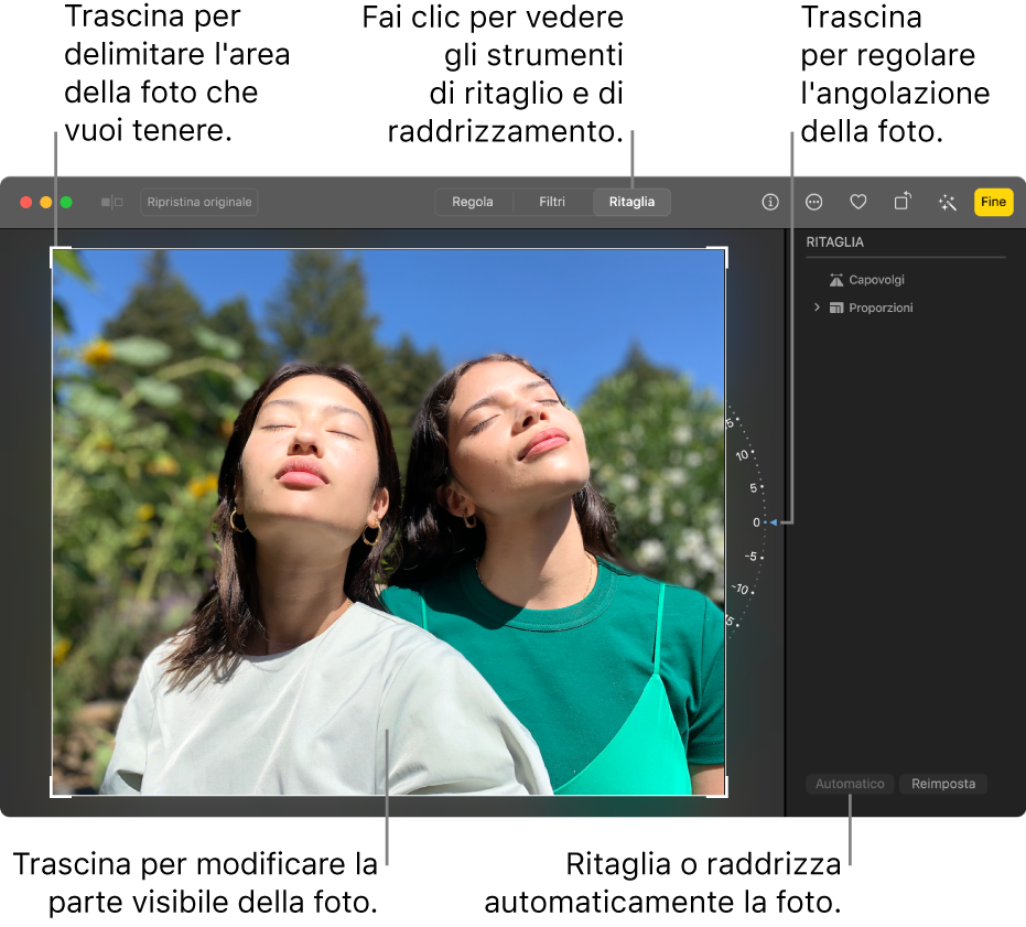 Una foto nella vista di modifica, con l'opzione Ritaglia seleziona nella barra degli strumenti, un rettangolo di selezione attorno alla foto, un cursore a destra della foto e un pulsante Automatico in fondo a destra.
