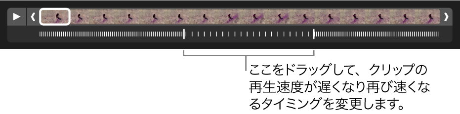 スローモーション・ビデオ・クリップ。ドラッグしてビデオの再生速度を遅くしたり再び早くしたりする場所を変更できるハンドルがあります。