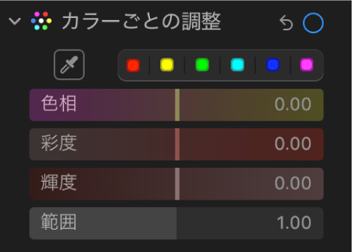「調整」パネルの「カラーごとの調整」コントロール。「色相」、「彩度」、「輝度」、および「範囲」スライダが表示されています。