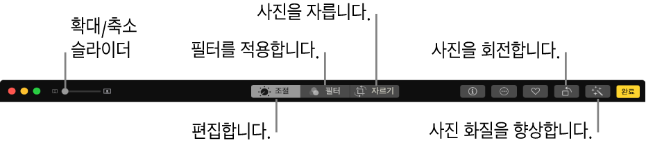 확대/축소 슬라이더 및 조절, 필터 추가, 사진 자르기, 사진 회전 및 사진 이미지 향상 버튼이 표시된 편집 도구 막대.