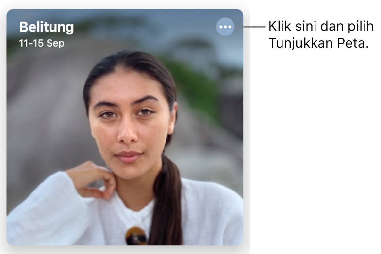 Foto mewakili foto yang diambil pada hari tertentu, dengan maklumat lokasi di bahagian kiri atas dan butang di bahagian kanan atas yang memberikan lebih pilihan, termasuk pilihan untuk memaparkan peta.