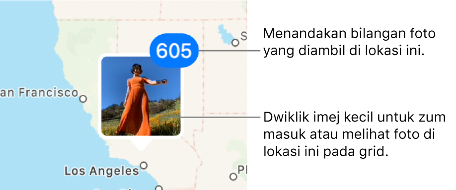 Imej kecil foto pada peta, dengan nombor di penjuru kanan atas yang menandakan bilangan foto yang diambil di lokasi itu.