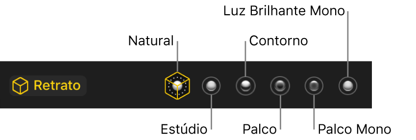 Escolhas de efeito de iluminação do modo Retrato, incluindo (da esquerda para a direita) Natural, Estúdio, Contorno, Palco, Palco Mono e Luz Brilhante Mono.