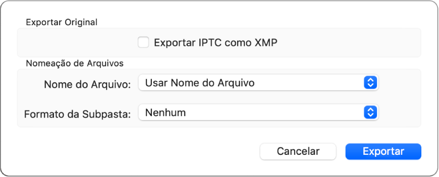 Uma caixa de diálogo mostrando opções para exportar arquivos de foto em seu formato original.