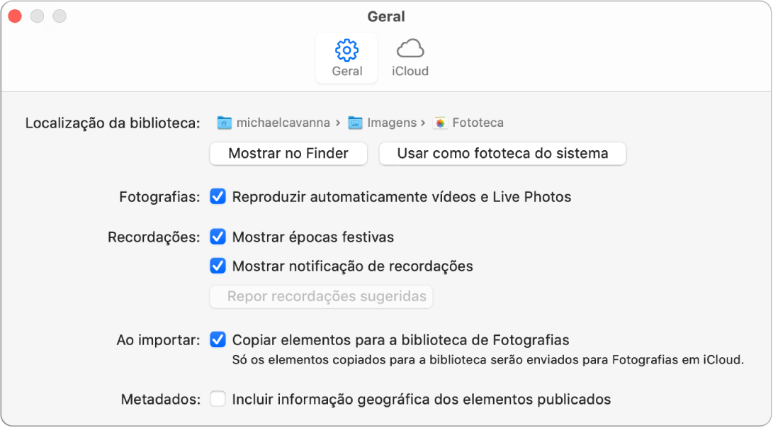 O painel Geral das preferências de Fotografias.