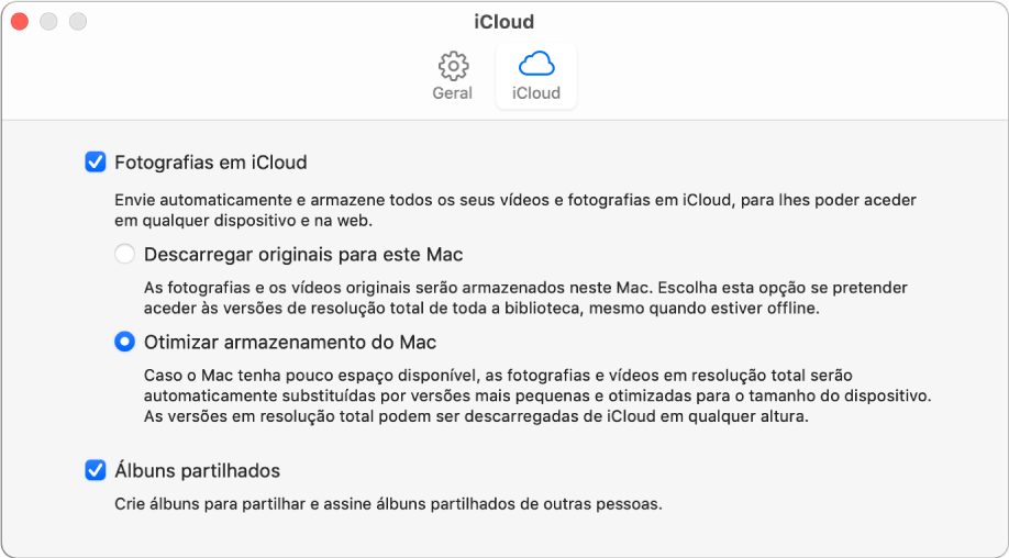 O painel iCloud das preferências de Fotografias.