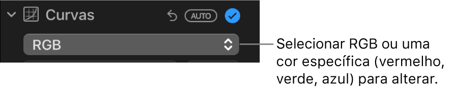 Os controlos de curvas no painel Ajustar com a opção RGB selecionada no menu pop‑up.