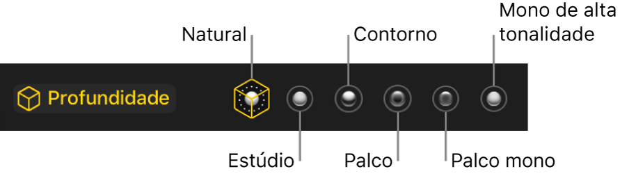 Opções dos efeitos de iluminação do modo vertical, incluindo (da esquerda para a direita): Natural, Estúdio, Contorno, Palco, Palco mono e Mono de alta tonalidade.