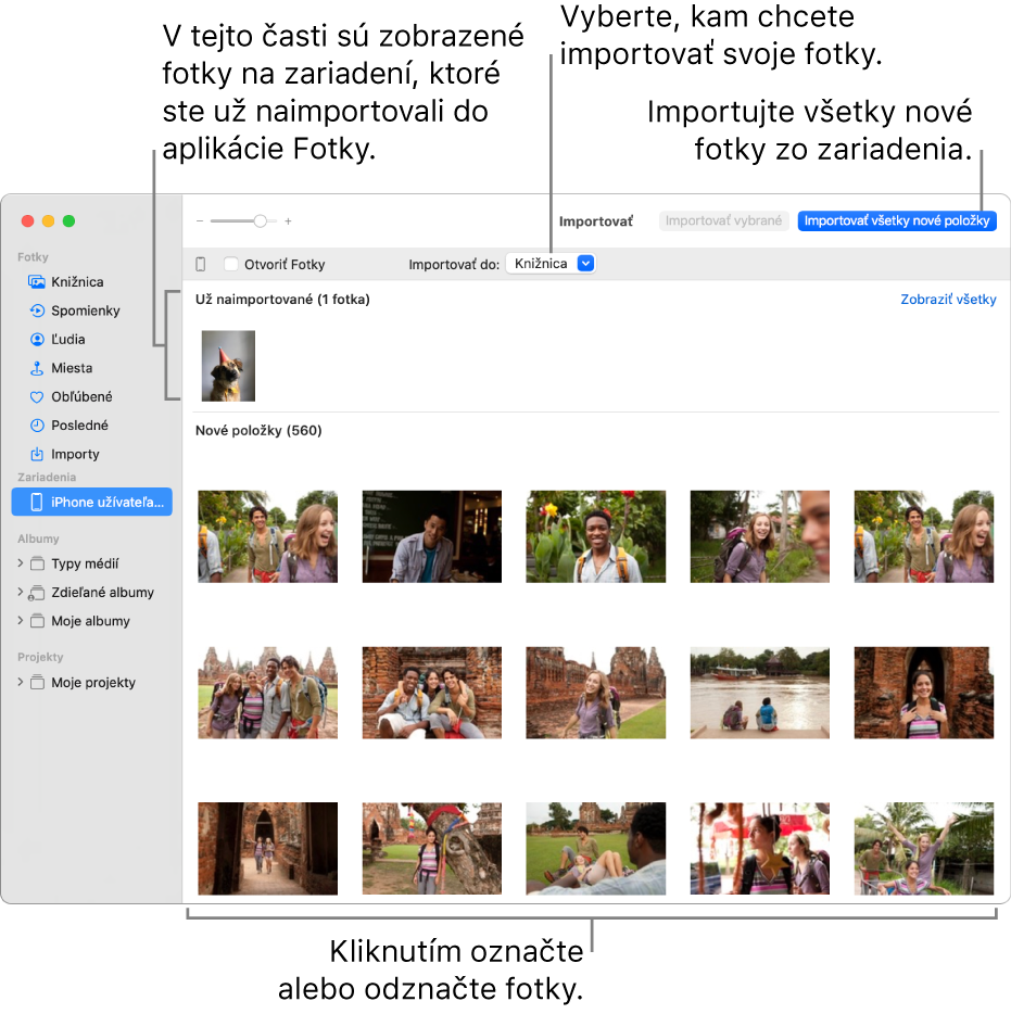 Fotky v zariadení, ktoré ste už naimportovali, sa zobrazia v hornej časti panela a nové fotky sú v spodnej časti. V hornej časti v strede je vyskakovacie menu Importovať do. Tlačidlo Importovať všetky nové položky je v pravom hornom rohu.