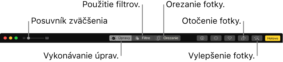 Panel s nástrojmi Upraviť znázorňujúci posuvník zväčšenia a tlačidlá na úpravy, pridávanie filtrov, orezávanie fotiek, otáčanie fotiek a vylepšovanie fotiek.