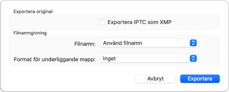 En dialogruta som visar alternativ för att exportera bildfiler i ursprungsformat.