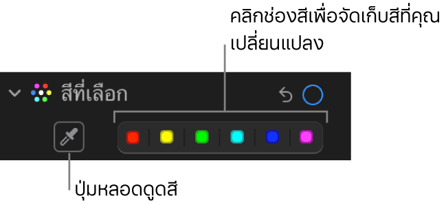 ตัวควบคุมสีที่เลือกในบานหน้าต่างการปรับที่แสดงปุ่มหลอดดูดสีและช่องสี