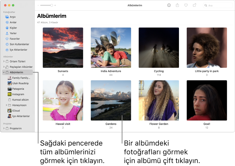 Kenar çubuğunda Albümlerim seçiliyken görünen Fotoğraflar penceresi ve sağdaki pencerede görüntülenen yarattığınız albümler.