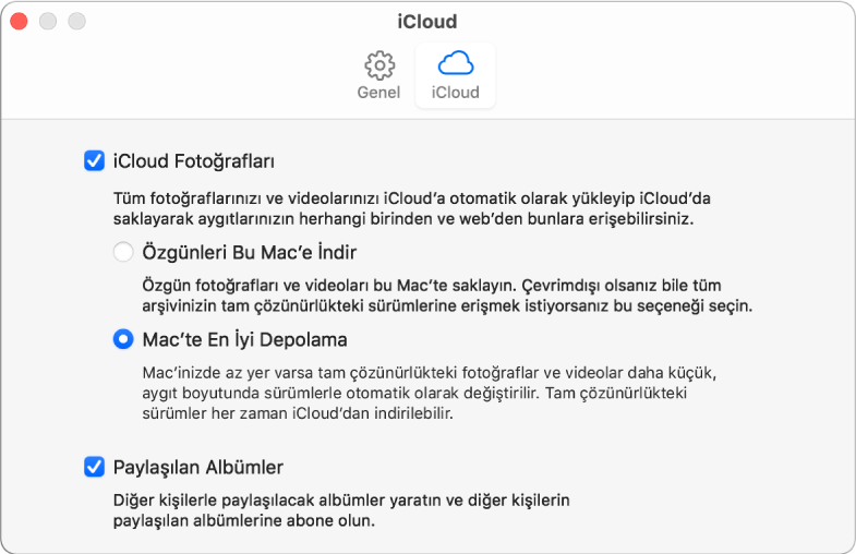 Fotoğraflar tercihler penceresinin iCloud bölümü.