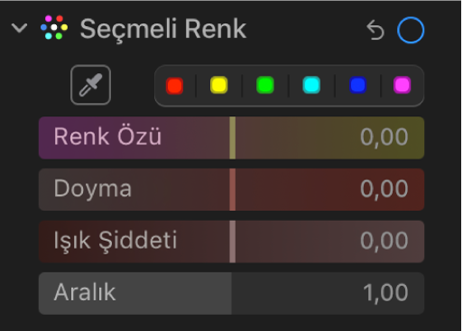 Renk Özü, Doyma, Parlaklık ve Aralık sürgülerinin gösterildiği Ayarla bölümündeki Seçmeli Renk denetimleri.