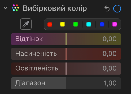 Елементи керування «Вибірковий колір» на панелі «Коригування» з повзунками «Відтінок», «Насиченість», «Освітленість» і «Діапазон».