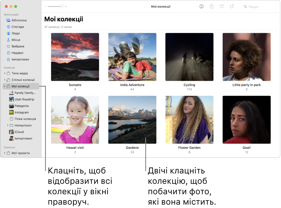Вікно Фотографій, на боковій панелі вибрано папку «Мої колекції», а створені вами колекції відображаються у вікні праворуч.