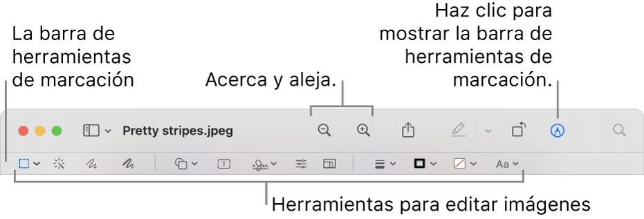 Barra de herramientas de marcación para editar imágenes.