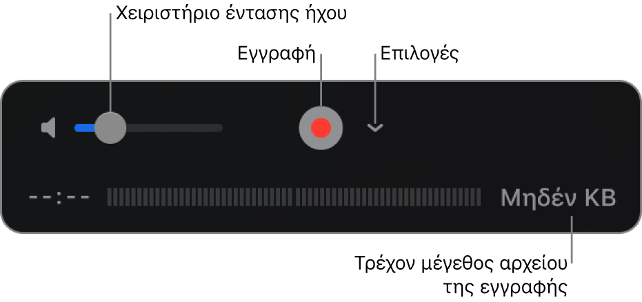 Τα χειριστήρια εγγραφής, συμπεριλαμβανομένου του χειριστηρίου έντασης ήχου, του κουμπιού Εγγραφής και του αναδυόμενου μενού Επιλογών.