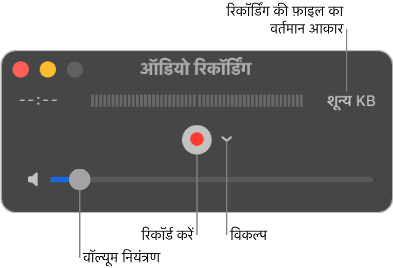 विंडो के बीच में “रिकॉर्ड” बटन और “विकल्प” पॉप अप मेनू वाली “ऑडियो रिकॉर्डिंग” विंडो तथा सबसे नीचे वॉल्यूम नियंत्रण।