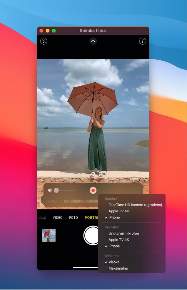 Prozor QuickTime Player na Macu pri snimanju uređajem iPhone.