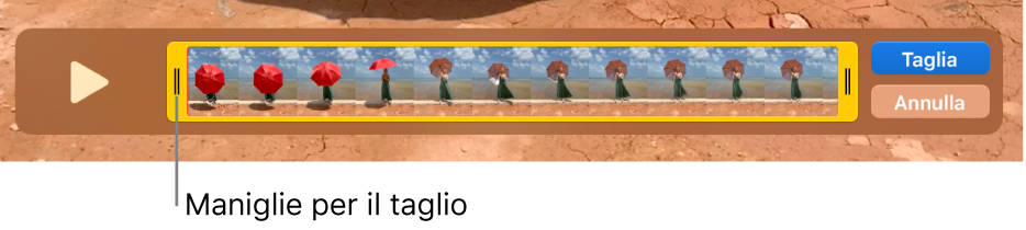 Clip nella finestra di QuickTime Player, con una parte del clip racchiusa tra maniglie gialle e il resto del clip al di fuori. I pulsanti Taglia e Annulla si trovano sulla destra.