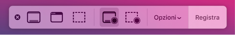 Gli strumenti di Istantanea schermo con il pulsante Registra a destra accanto al menu a comparsa Opzioni.