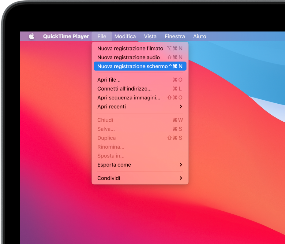 Nell'app QuickTime Player, il menu File è aperto ed è selezionato il comando “Nuova registrazione schermo” per iniziare la registrazione dello schermo.