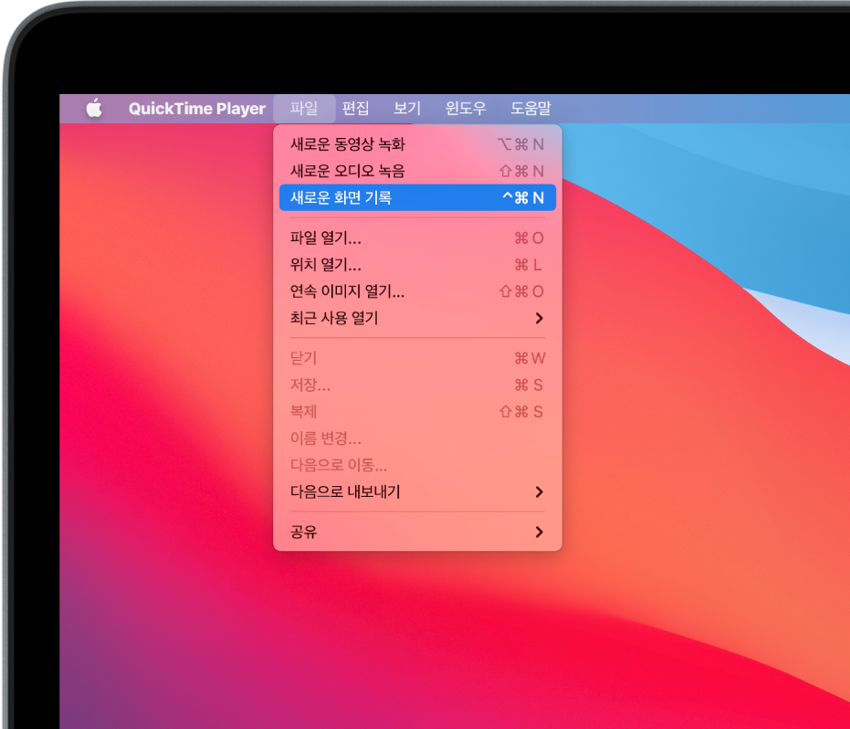 QuickTime Player 앱에서 파일 메뉴가 열려 있고 화면 기록을 시작하기 위해 새로운 화면 기록 명령을 선택하고 있음.