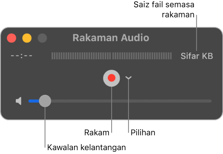 Tetingkap Rakaman Audio dengan butang Rakam dan menu timbul Pilihan di tengah tetingkap, serta kawalan kelantangan di bahagian bawah.