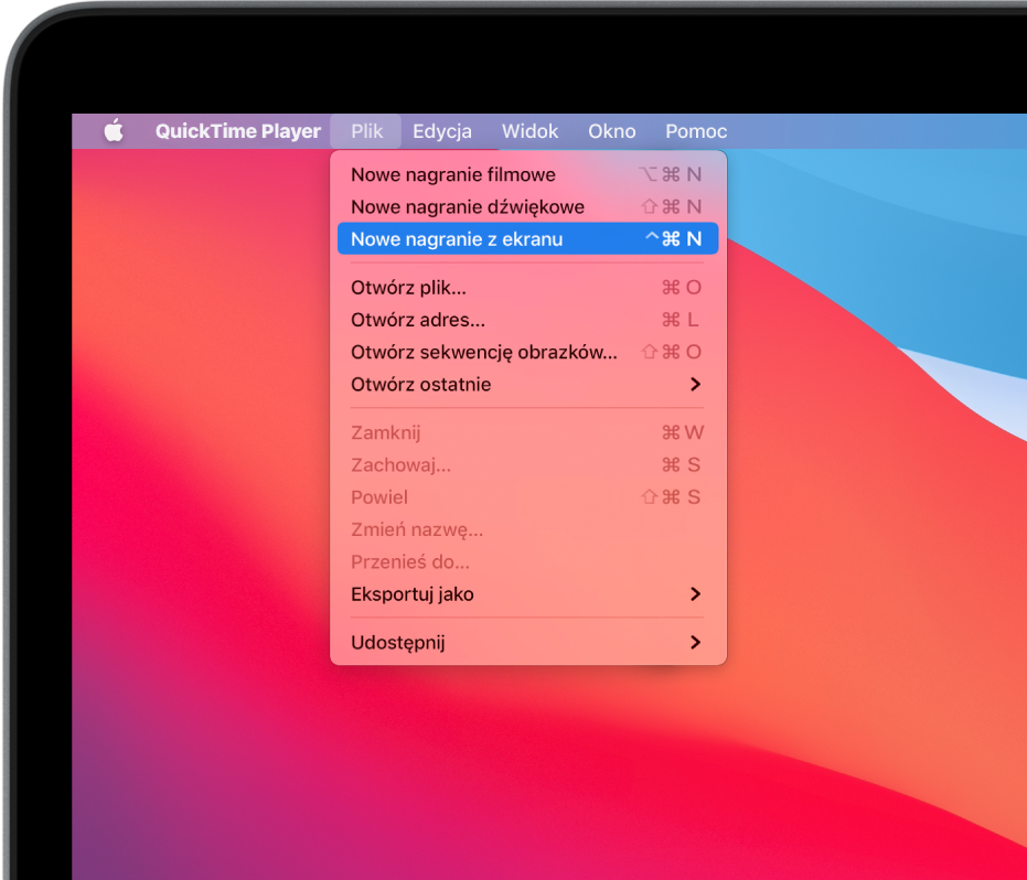W aplikacji QuickTime Player, menu Plik jest otwarte oraz wybrane jest polecenie Nowe nagranie z ekranu w celu nagrania treści z ekranu.