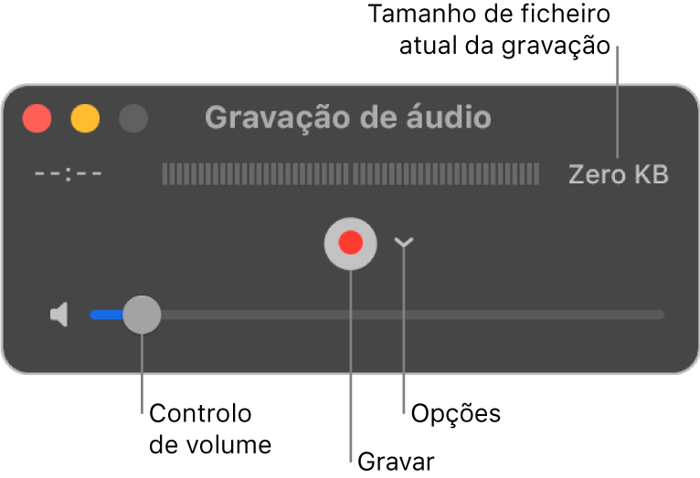 A janela “Gravação de áudio” com o botão Gravar e o menu pop-up Opções no centro da janela e o controlo de volume na parte inferior.