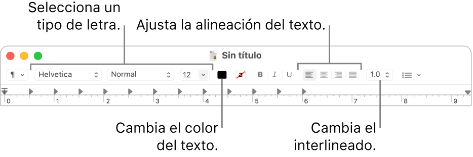 La barra de herramientas de TextEdit para un documento de texto enriquecido (RTF), mostrando los controles del tipo de letra y alineación y espaciado de texto.