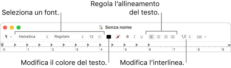 La barra degli strumenti di TextEdit per i documenti RTF che mostra i controlli di allineamento e spaziatura.