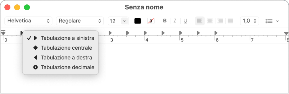 Il righello che mostra le opzioni di tabulazione.