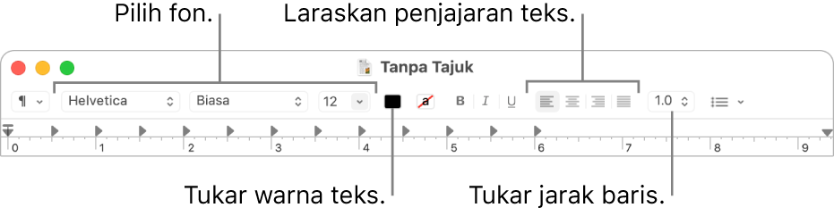 Bar alat TextEdit untuk dokumen teks beraneka menunjukkan penjajaran fon dan teks serta kawalan jarak.