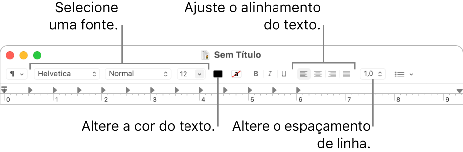 Barra de ferramentas do Editor de Texto em um documento RTF mostrando os controles de fonte, alinhamento de texto e espaçamento.
