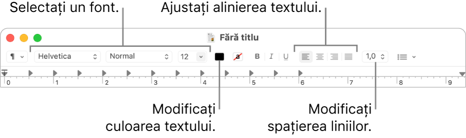 Bara de instrumente TextEdit aferentă documentelor cu text îmbogățit, afișând comenzile pentru alinierea și spațierea textului și pentru font.