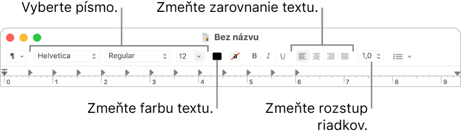 Panel s nástrojmi aplikácie TextEdit pre dokument s formátovaným textom zobrazujúci ovládanie písma, zarovnania textu a rozstupu.