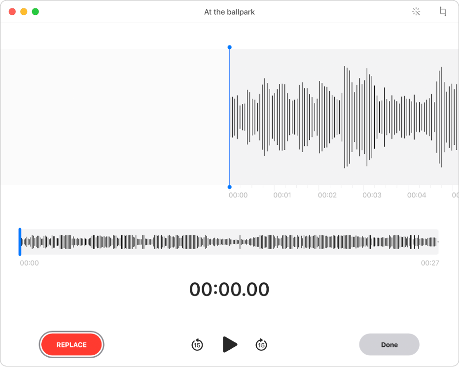 A Voice Memos recording. Drag the blue vertical line (playhead) to where you want to edit. To record new audio to replace the existing audio, click the Replace button on the left. To delete excess audio, click the Trim button in the top-right corner.