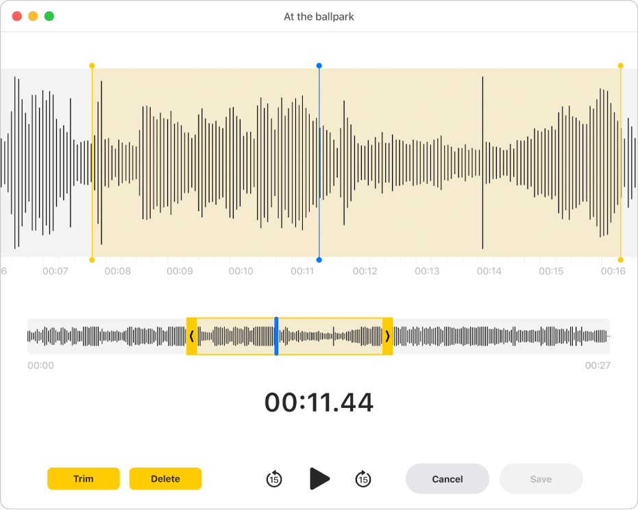 A Voice Memos recording. Drag the yellow handles on the waveform to set the range to trim. Then click the Trim button to remove the audio outside the trim handles or click Delete to remove the audio between the trim handles.