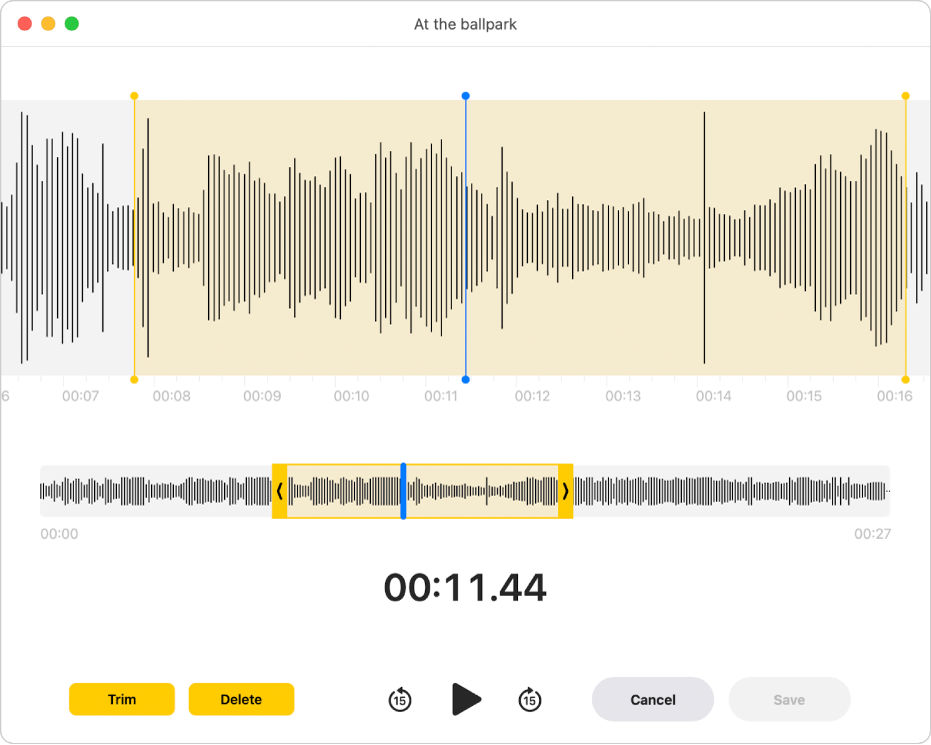 A Voice Memos recording. Drag the yellow handles on the waveform to set the range to trim. Then click the Trim button to remove the audio outside the trim handles, or click Delete to remove the audio between the trim handles.