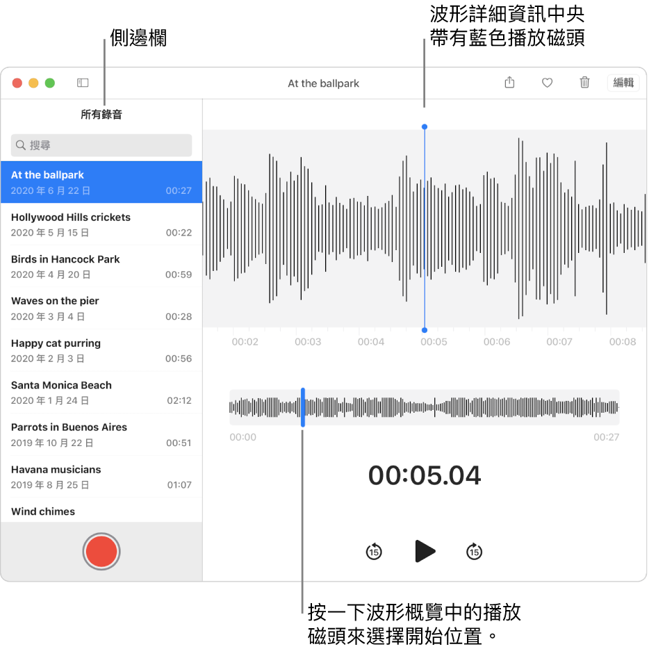 「語音備忘錄」App 顯示左方側邊欄。錄音顯示在側邊欄右方的視窗中，中間有藍色播放磁頭的波形詳細資訊。其下方為波形概覽。按一下概覽中的播放磁頭來選擇開始位置。