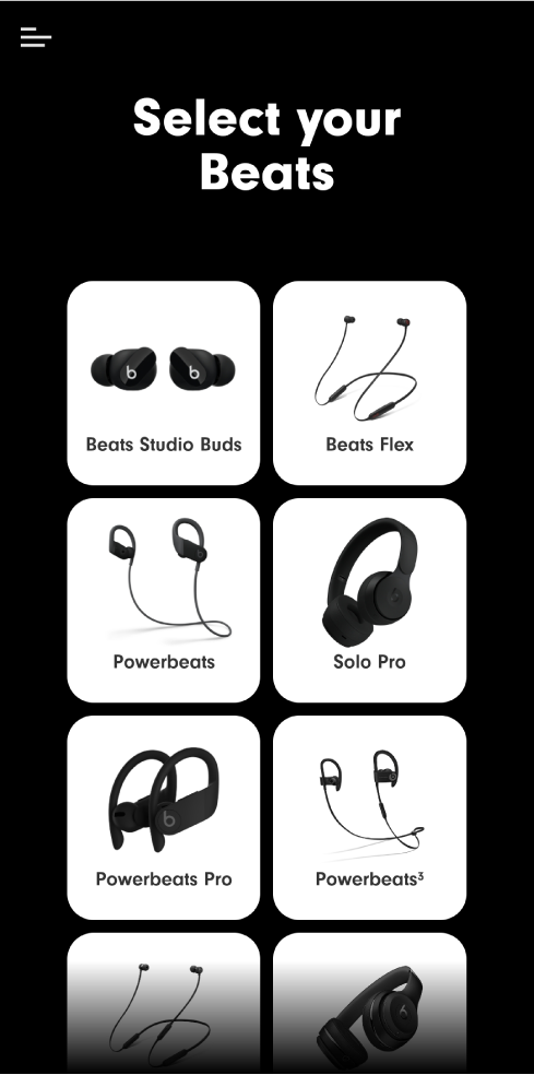 Pantalla “Selecciona el teu dispositiu Beats” que mostra els dispositius compatibles