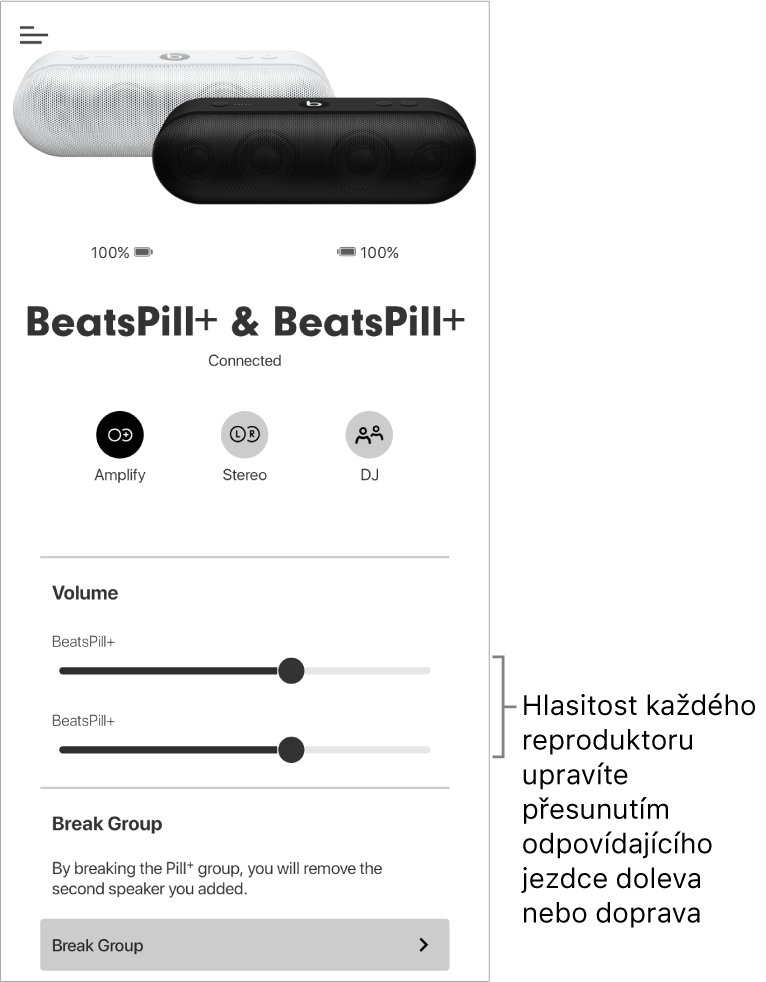 Obrazovka aplikace Beats v režimu Zesílení se zobrazeným ovládáním hlasitosti dvou reproduktorů
